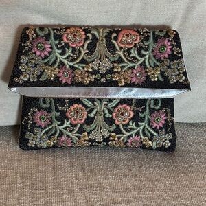 Vintage Elegant Black Beaded Floral Embroidered Fold Over Clutch Evening Bag